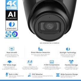 VALUCAM 8MP IP Camera, DMSS/SmartPSS Lite, 4K PoE Turret Outdoor Starlight Camera with Mic, Human/Vehicle Detection, IVS, Intrusion Tripwire Alarm, 2.8mm 125°Wide Angle, Metal IP67, H265+, 256GB