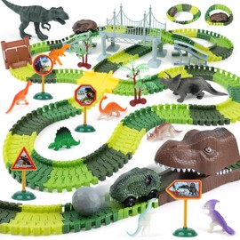 Gaitel Dinosaur Race Track Toys for Kids - Birthday Gifts for Boys Ages 3 4 5 6 7, 280+ PCS Flexible Car Track Set with 2 Vehicles, Build Your Own Dino Adventure