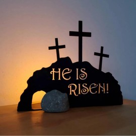 Venshy He is Risen Metal Empty Tomb Scene, Easter Decoration, Christian Easter Home Interior Decorations, He is Risen and He is not here Sign for Home Tabletop Office Crafts (A)