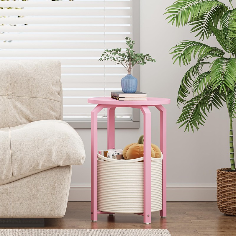 TUTOTAK Oval End Table with Woven Storage Basket, Pink Small