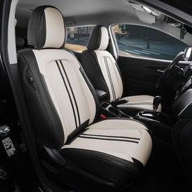 FREESOO Leather Car Seat Covers Full Set, Ultra Breathable Waterproof Seat Covers for Cars Trucks SUV, Carseat Protector Car Seat Cover Fit for Most Vehicles, Black Beige - Front Seats 2PCS