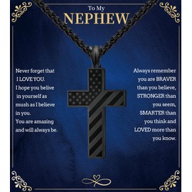 Christian Gift for Nephew – Black American Flag Cross Necklace with Serenity Prayer – Stainless Steel Patriotic Bible Verse Jewelry – Inspirational Religious Gift for Birthday, Graduation, Military