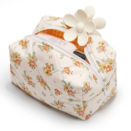 Saikaspotts Quilted Makeup Bag, Floral Cosmetic Bag Cute Handmade Aesthetic Pink Toiletry Bag Flower Coquette Accessories Cotton Pouch for Women, Yellow, Small