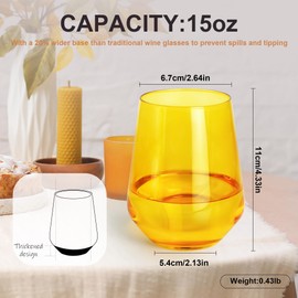 GLAZVIA Multi Colored Stemless Wine Glasses Set of 6, 15oz Drinking Glassware Dishwasher Safe, Wine Glass Tumblers for Red or White, Gift for Party, Holiday, Anniversary, Restaurant, Bar, Daily Use