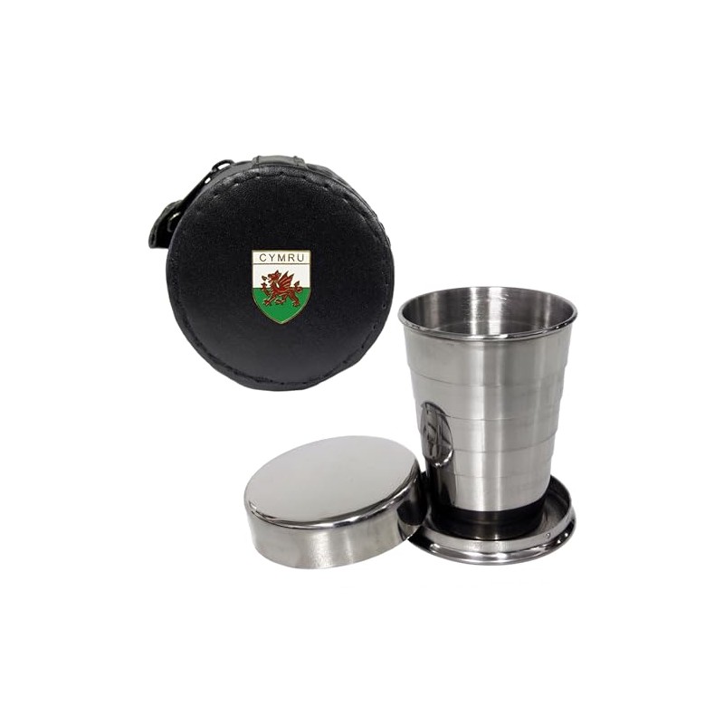 Knight 2oz Collapsible Drinking Cup with Leather Wales Cymru Case