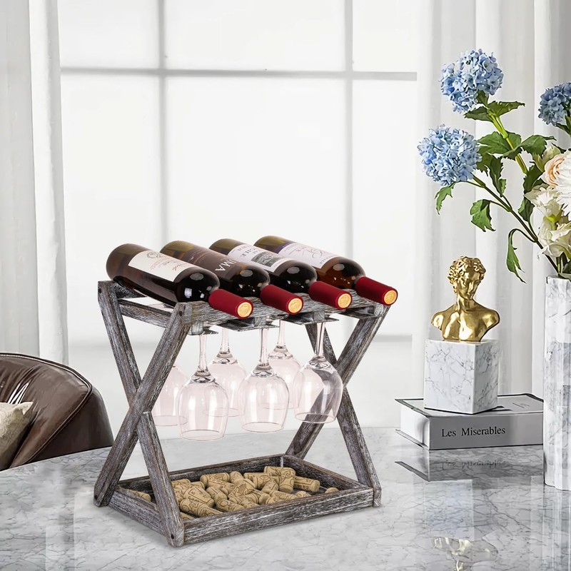 WDSHIYI Rustic Wood Wine Rack for 4 Bottles and 6