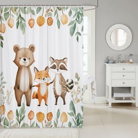 Feelyou Bear Fox Raccoon Shower Curtain 72"x72" Wild Animal Bath Curtain for Boys Girls Teens Cute Cartoon Animal Bathroom Shower Curtain Set Waterproof Nature Wildlife Kids Bathroom Accessories