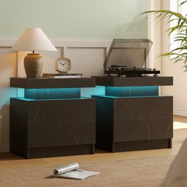 Cubehom Nightstands Set of 2, Bedside Tables with LED Lights, Night Stands with 2 Wood Drawers, End Tables Set of 2 for Living Room/Bedroom