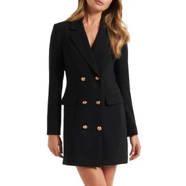 futurino Women's Casual Solid Color Long Sleeve Lapel Double Breasted Mid Length Suit Office Blazer Outwear Black