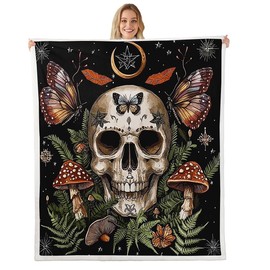 Feelyou Skull Fleece Throw Blanket Baby 30"x40" Butterfly Plush Blanket for Bed Sofa Couch Boho Sherpa Blanket Mushroom Fuzzy Blanket Bronze Black Flannal Blanket