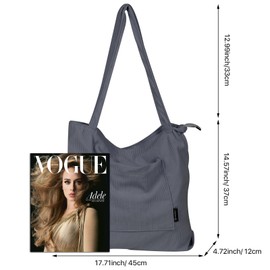 homchen Corduroy Tote Bag with Zipper Waterproof Cord Tote Bag for Women with Multi- Compartments Large Capacity Shoulder Bags Handbags for School Work Shopping Travel Daily Use (Grey Blue)