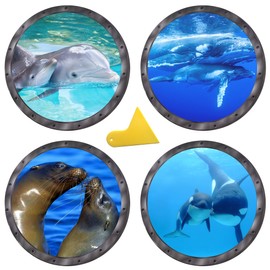 OTDCGI 11 Inch Round 3D Porthole Window Adhesive Stickers - Ocean Theme (Sea Turtle, Shark, Dolphin) - Waterproof Vinual Decals for Kids Room, Bathroom, Glass Decor - Set of 4