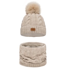 Alur Children's Unisex Beanie with Loop Scarf Set Winter Hat Knitted Hat with Bobble - Warm Elastic Elegant Winter Hat Scarf Eko Bobble Hat - Soft Yarn Stylish Warm, beige