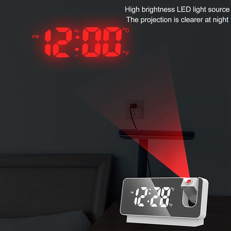 Projection Alarm Clock USB Rechargeable White Light Snooze Function Adjustable