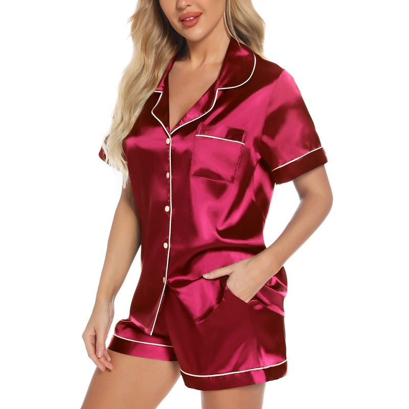 Samring Women's Satin Pajamas Set Classic Sleepwear Short Sleeve Summer