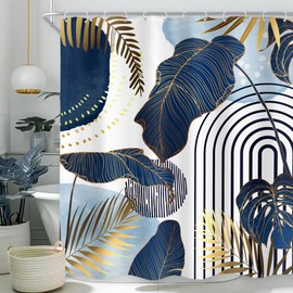 Cinbloo Blue Boho 72Wx72H Shower Curtain Mid Century Modern Tropical Abstract Emerald Gold Leaves Monstera Palm Plant Bathroom Curtain Set Minimalist Arch Bath Bathroom Accessories Decor