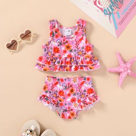 Toddler Girls Swimsuit Outfit Ruffle Floral Sleeveless Bikini Two Piece Bathing Suit for Baby Girl (Rose Pink Floral, 4-5T)