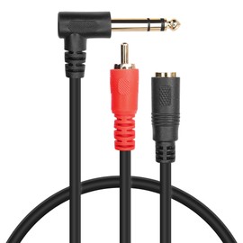 GINTOOYUN 6.35 mm Right Angle Male to RCA Male + 3.5 mm Female Audio Cable 6.35 mm Dual Channel 90 Degree Male to RCA Male + 3.5 mm Two Channel Socket Y Splitter Cable Adapter (1.5 ft)
