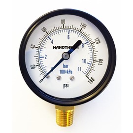 Industrial Pressure Gauges,2-1/2" Dial, 0-160 Psi/Kpa/bar Range, 2.5% Accuracy, 1/4" Male NPT Connection,Lower Mount,Brass Internal Parts,Black Steel Case