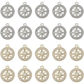 SUNNYCLUE 1 Box 40Pcs Small Metal Compass Charm Round Rhinestone Charms Bulk Gold Silver Alloy Hexagram Compasses Shaped Crystal Charm for Jewelry Making Pendants Bracelets Earrings DIY Crafts