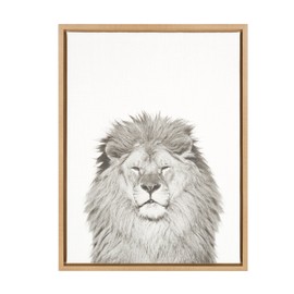 Kate and Laurel - Sylvie Lion Animal Print Black and White Portrait Framed Canvas Wall Art by Simon Te Tai, Natural 18x24