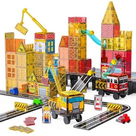 SKTMYY Magnetic Tiles Construction Toys with Road & Crane & Marble Run, Double-Sided Fire Station & Building Magnet Tiles for Kids Ages 4-8, STEM Magnetic Blocks Gifts for 3 4 5 6 7 8 Year Old Boys