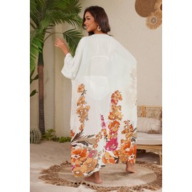 Jayscreate Women's Tie Front Long Kimono Summer Beach Coverup Tops Chiffon Lightweight Casual Boho Sheer Cardigan