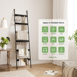 ELYKEN Blanket Ladder for Living Room, Farmhouse 6-Tier Quilt Holder with 4 Removable Hooks for Bathroom, Wood Towel Rack Display, Wall Anchor Leaning Decorative Stand for Home,Black