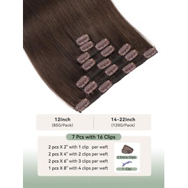 Bellecho Clip in Hair Extensions Real Human Hair, Silky Straight Real Remy Human Hair Extensions Clip ins, Dark Brown Clip in Extensions for Women, 22inch 120g 7Pcs, 2# Dark Brown