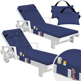 Tondiamo 2 Set Outdoor Chaise Lounge Cushions with Pillows and Storage, 72 x 21 x 3 Inch Outdoor Lounge Chair Seat Pads Outside Waterproof Chaise Cushion for Lawn Patio Furniture(Navy Blue)