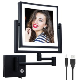 RECKODOR Direct Wire Makeup Magnifying Mirror Wall Mounted, 8 Inch Double Sided 1X/3X Magnification, Touch Dimmable, Brass 360 Swing Extension Arm, Square Frame, Brighter 7W LED Light, Matte Black