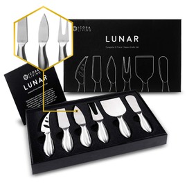 LUNAR Premium 6-Piece Cheese Knife Set - Complete Stainless Steel Cheese Knives Collection w/ 15 Holiday Recipes (Gift-Ready)