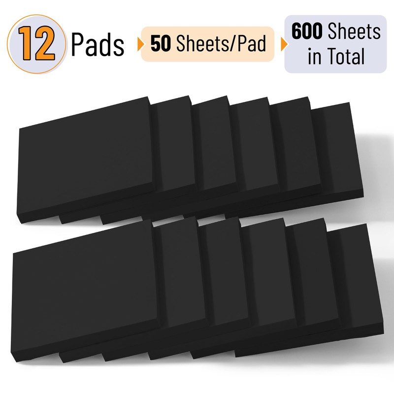 Mr. Pen- Sticky Notes, 3"x3", 12 Pads, 600 Sheets, Black,
