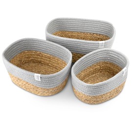 NORDIS DESIGN Storage Baskets Set of 3 Water Hyacinth and Cotton, Bathroom Storage Basket, Braided as Basket Set for Bathroom Storage & Bathroom Organisation, Grey