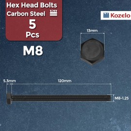 Kozelo 5 Pcs Hex Head Screws Bolts - [M8-1.25x120] Carbon Steel Grade 10.9 Fully Threaded Hex Tap Metric Hexagon Head Machine Bolts Right Hand External Hex Drive, Black
