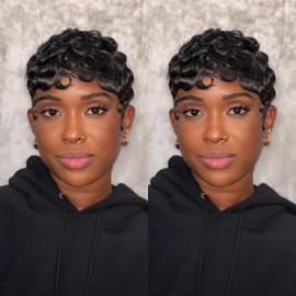 PENDORISYS Pixie Cut Wig Human Hair Glueless Short Human Hair Wigs For Black Women, Curly Pixie Wig With Bang, Soft And Bouncy, Easy To Install And Style (Black)