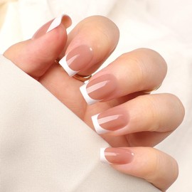 Artquee Brown White French Tip Press on Nails Short Square Fake Nails Kit Glossy Reusable False Stick on Fingernails for Women - 32 Pcs in 16 Sizes