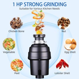 GarveeTech Garbage Disposal 1 Hp, Continuous Feed Noise Insulation Food Waste Disposal, Stainless Steel 4 Stage Grinding, With Dishwasher Connection, Splash Guard, Elbow, for Kitchen Sink, Black