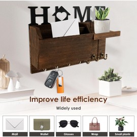 Key and Mail Holder for Wall, Rustic Wooden Mail Organizer with Shelf and 7 Hooks, Space Saving Farmhouse Entry Way Key Rack for Coat, Dog Leash, Home Accessories (Brown)