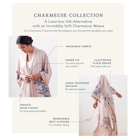 OLDSHANGHAI Women's Charmeuse Kimono Robe Long - Watercolor Floral - Spring Floral- Vintage Teal (Blue)