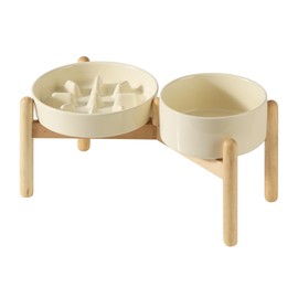 Havniva Ceramic Raised Slow Feeder Dog Bowl Set, Elevated 6.1inch Bowl and 7.3inch Slow Pet Food Dish with Wooden Stand for Small and Medium Dog (2 x Beige+ Stand)