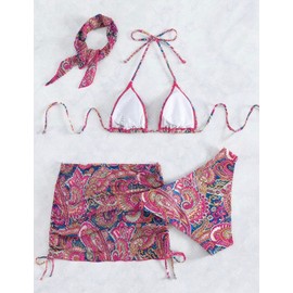 3-Piece Paisley Print Bikini Set with Sarong Cover Up, Pink and Navy Blue Pattern, Tie-Side Design (pink, medium)