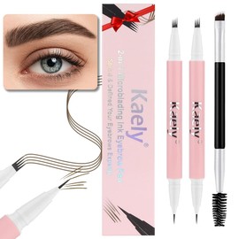 evpct Kaely 2Pcs Black Brown Magic Microblading Dual-Ended Eyebrow Contouring Pen Brow Pencil, with 4 Brush Micro-Fork-Tips Applicator and Precise Brush-Tip Hair Like Strokes, Dual-ended Eyebrow Brush
