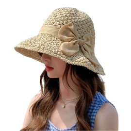 Women Straw Hat with Bow-Knot Ladies Sun Hat Woven Summer Beach Sun Protection Headwear Foldable Wide Brimmed UPF 50 Cap Lovely Bucket Cap for Travel Vacation (UK, Alpha, One Size, Beige)