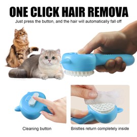 Pet Steam Spray Brush, 4-in-1 Steam Cat Brush with Handle, Rubber Pet Spray Brush, Rubber Pet Spray Brush with Release Button, Dog Comb with Longhair & Shorthair Cat & Dog Cleaner (Blue)