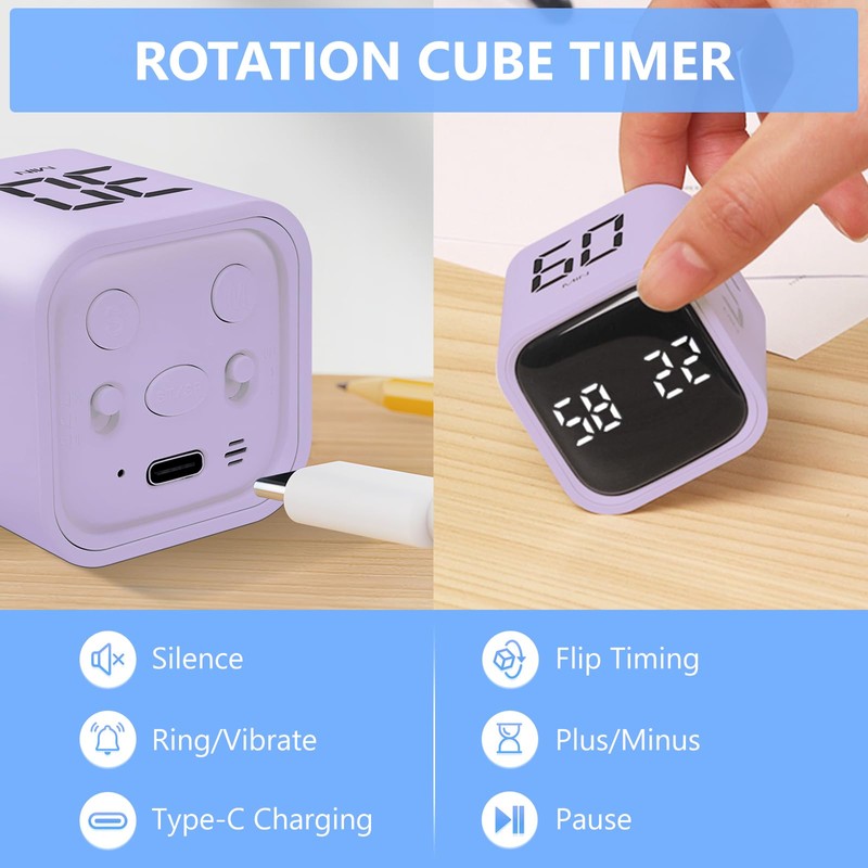 Foyucool Digital Cube Productivity Timer, Rotating Pomodoro Timer with Gravireceptor