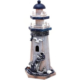 Wooden Lighthouse Decor, 10.25Inch Decorative Nautical Lighthouse Rustic Ocean Sea Beach Themed Lighthouse Decoration, Handcrafted Tabletop Nautical Themed Home Decor Bathroom Decor(Seabird & Anchor)
