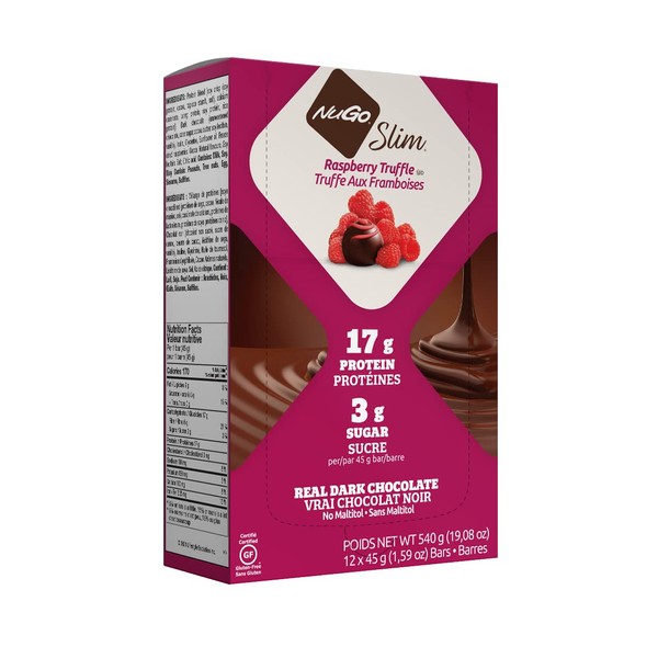 NuGo Slim Dark Chocolate Raspberry Truffle, 17g Protein, 2g Sugar, 7g Fiber, 160 Calories, Low Net Carbs, Gluten Free, 12 Count