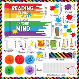 Pajean Art Paint Reading Bulletin Board Decorations 3D Motivational Reading Paints Pictures in Your Minds Classroom Decorations Cutouts with Colorful Paper Flower Balls for Library Back to School Door