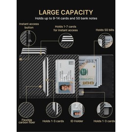 Mens Pop Up Wallet for AirTag: Premium Genuine Leather, RFID Blocking, Smart, Minimalist, 9-14 Card Capacity, ID Window, Cash Slot, Carbon Fiber, Simple Style